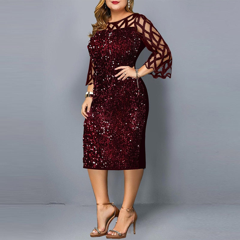 Elegant Sequin Long Sleeve Plus Size Women Midi Dress Sexy Casual Evening Party Dresses Wedding Luxury Women Robe Rouge Vestido wine red