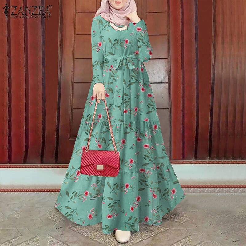 hiddengem Muslim Hijab Long Dress Full Sleeve Printed Dresses For Women Abayas Dubai Abaya Ramadan Turkey Modest Arabic kaftan Robe Green