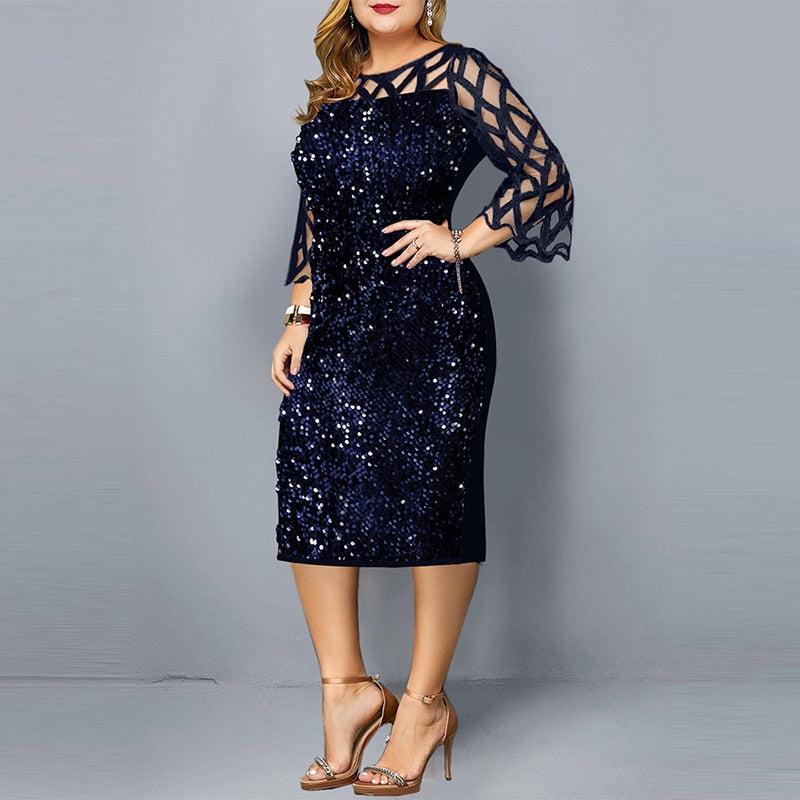 Elegant Sequin Long Sleeve Plus Size Women Midi Dress Sexy Casual Evening Party Dresses Wedding Luxury Women Robe Rouge Vestido navy