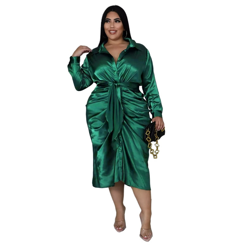 Elegant Satin Plus Size Women Shirt Dress Sexy Ruched Long Sleeve Lace Up Evening Party Midi Drerss Vestido Africano Feminino green