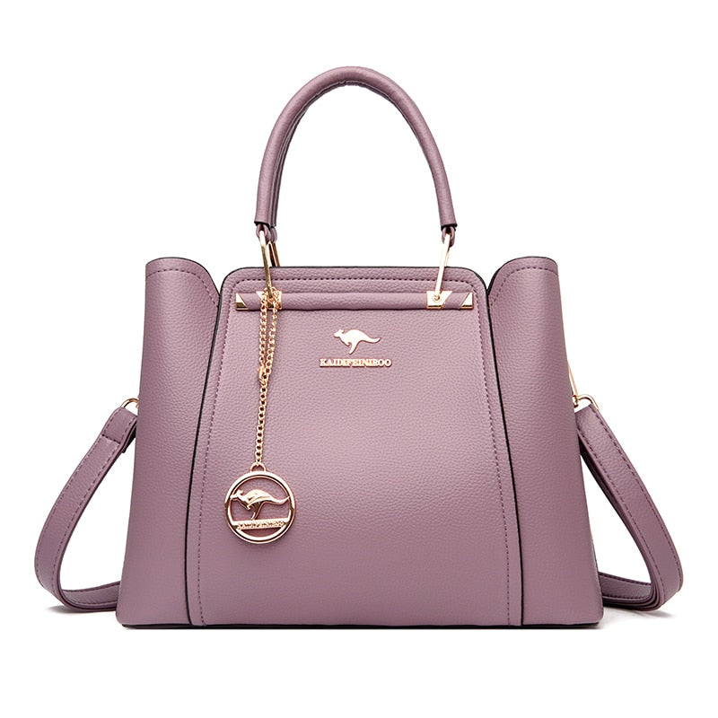 Women Soft Leather Handbags Luxury Designer 3 Layers Shoulder Crossbody Bags Ladies Large Capacity Shopping Brand Messenger Tote Purple