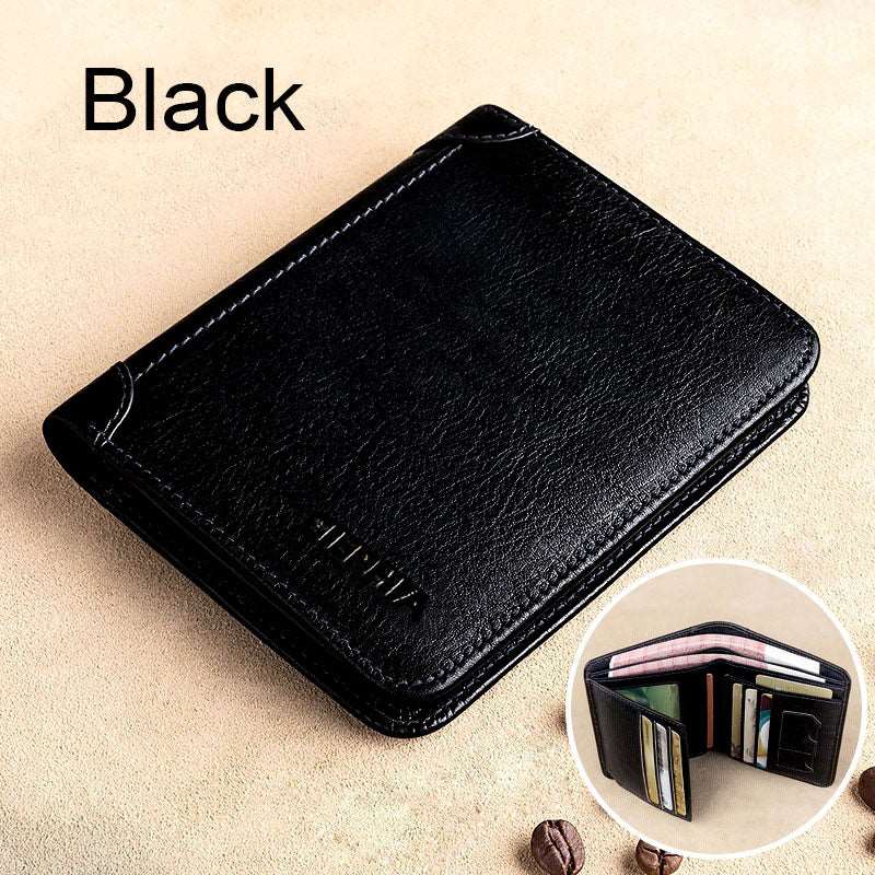 Genuine Leather Rfid Protection Wallets for Men Vintage Thin Short Multi Function ID Credit Card Holder Money Bag Black Cow Leather China