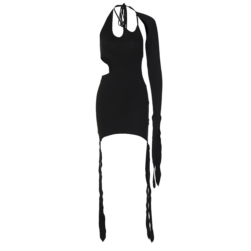 hiddengem Dress Women Solid Sexy Cutout Sloping Shoulder Dress Fringe One Shoulder Sleeve Mini Dress Female Midnight Party Dress Black China