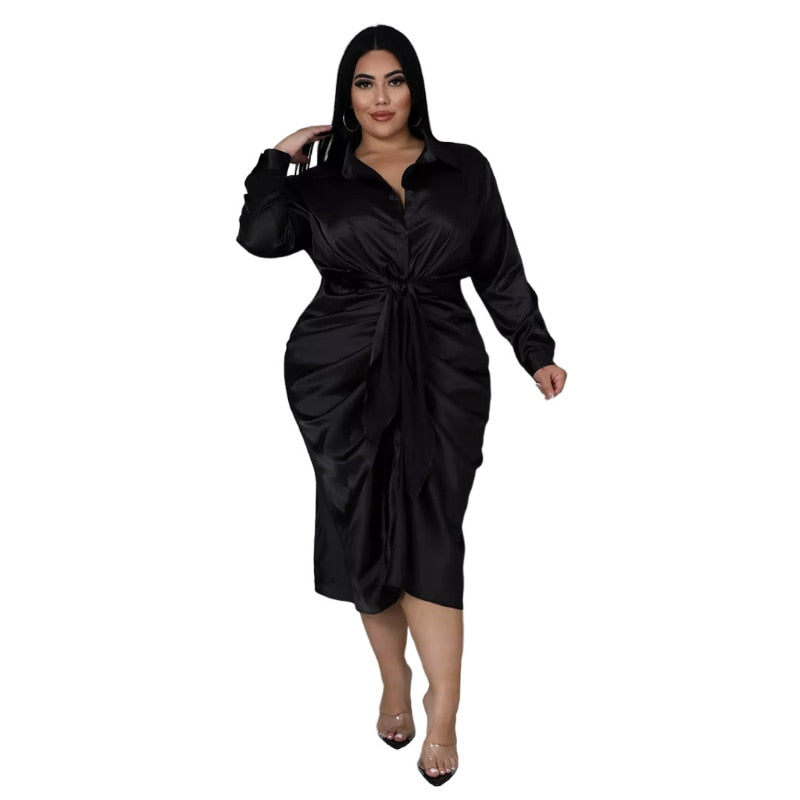 Elegant Satin Plus Size Women Shirt Dress Sexy Ruched Long Sleeve Lace Up Evening Party Midi Drerss Vestido Africano Feminino black