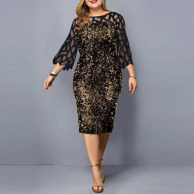 Elegant Sequin Long Sleeve Plus Size Women Midi Dress Sexy Casual Evening Party Dresses Wedding Luxury Women Robe Rouge Vestido Black gold