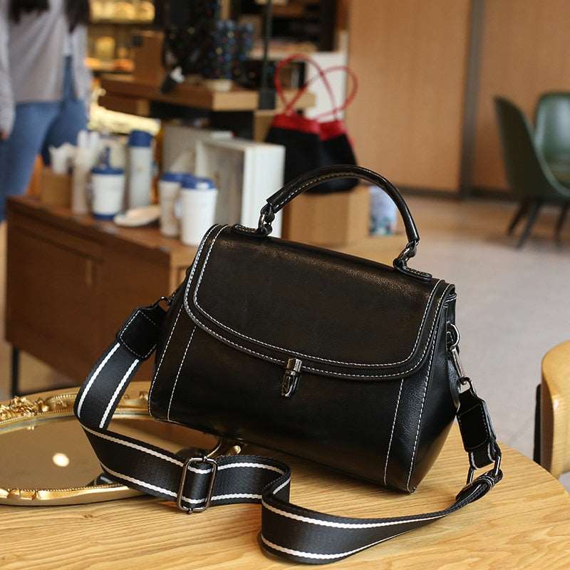 hiddengem Vintage messenger bag cowhide coffee leather bag handbags minimalist square bag Crossbody bag women female luxury bag (20cm<Max Length<30cm) Black