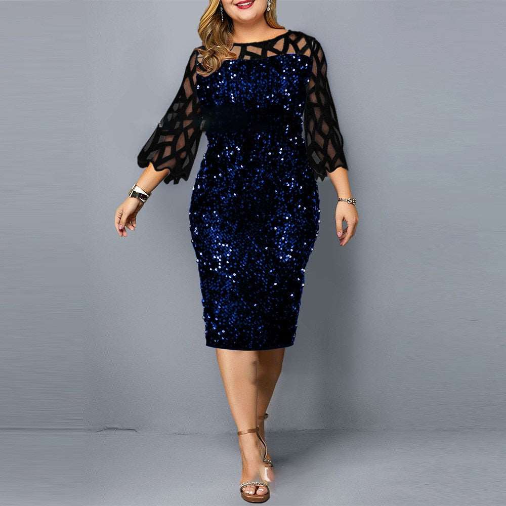 Elegant Sequin Long Sleeve Plus Size Women Midi Dress Sexy Casual Evening Party Dresses Wedding Luxury Women Robe Rouge Vestido blue on black