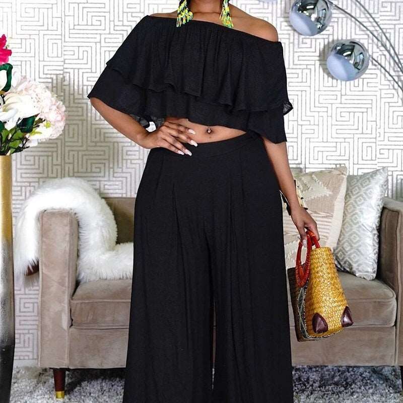 Plus Size 2 Piece Set for Women Clothing Sexy Off Shoulder Crop Top Casual Elegant Wide Leg Long Pants Fashion Outfits Party BLACK