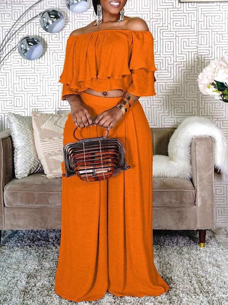 Plus Size 2 Piece Set for Women Clothing Sexy Off Shoulder Crop Top Casual Elegant Wide Leg Long Pants Fashion Outfits Party ORANGE