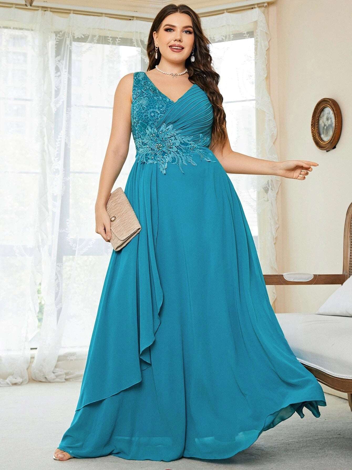 Women Plus Size Bridesmaid Dresses Wedding Elegant Lace Rhinestones Applique Party Dresses Large Size Lady Chiffon Evening Dress Blue