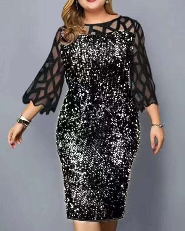 Elegant Sequin Long Sleeve Plus Size Women Midi Dress Sexy Casual Evening Party Dresses Wedding Luxury Women Robe Rouge Vestido silver on black