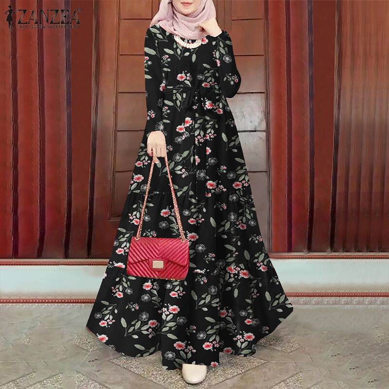 hiddengem Muslim Hijab Long Dress Full Sleeve Printed Dresses For Women Abayas Dubai Abaya Ramadan Turkey Modest Arabic kaftan Robe Black