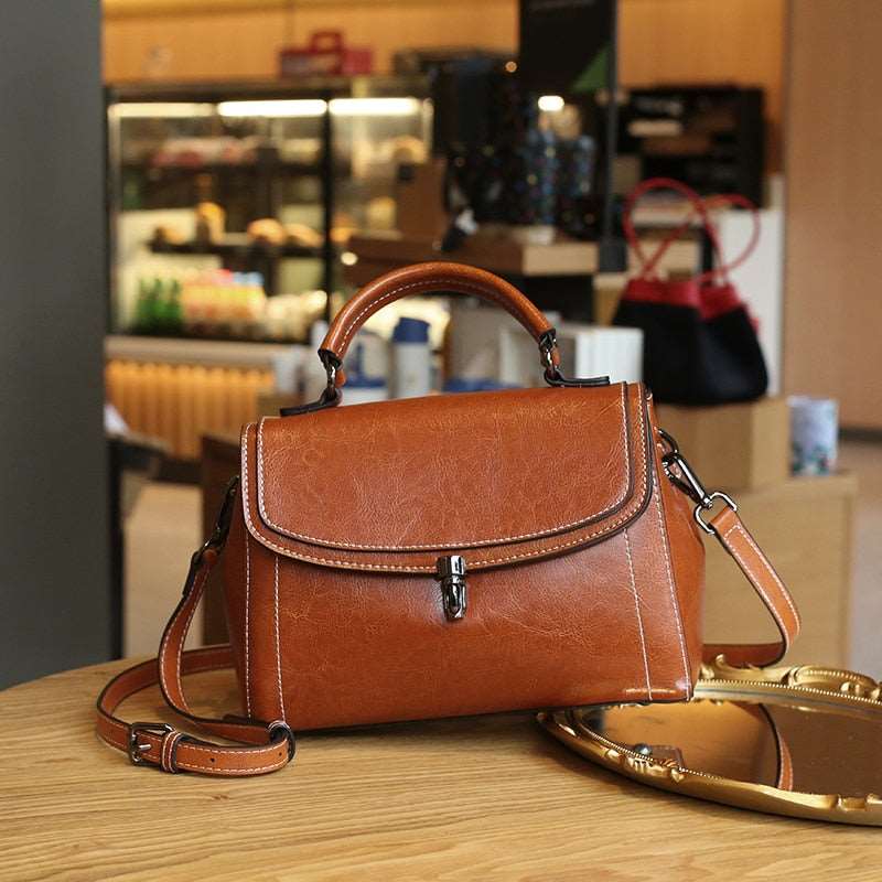 hiddengem Vintage messenger bag cowhide coffee leather bag handbags minimalist square bag Crossbody bag women female luxury bag