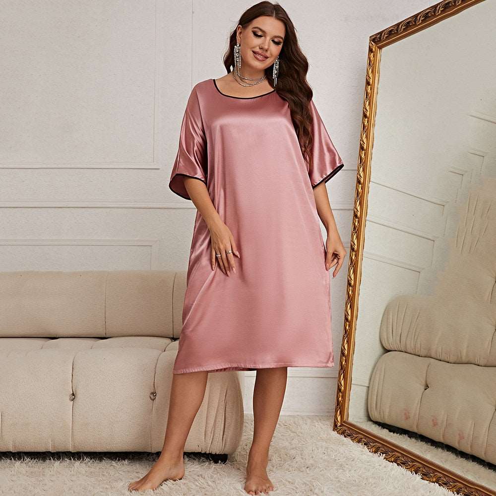 Ice Silk Loose Nightgown Oversized Sleepwear Women's Sexy Print Homewear New Loungewear Sleepshirt Plus Szie 3Xl 4Xl 5Xl Solid Pink D