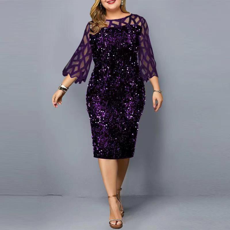 Elegant Sequin Long Sleeve Plus Size Women Midi Dress Sexy Casual Evening Party Dresses Wedding Luxury Women Robe Rouge Vestido purple