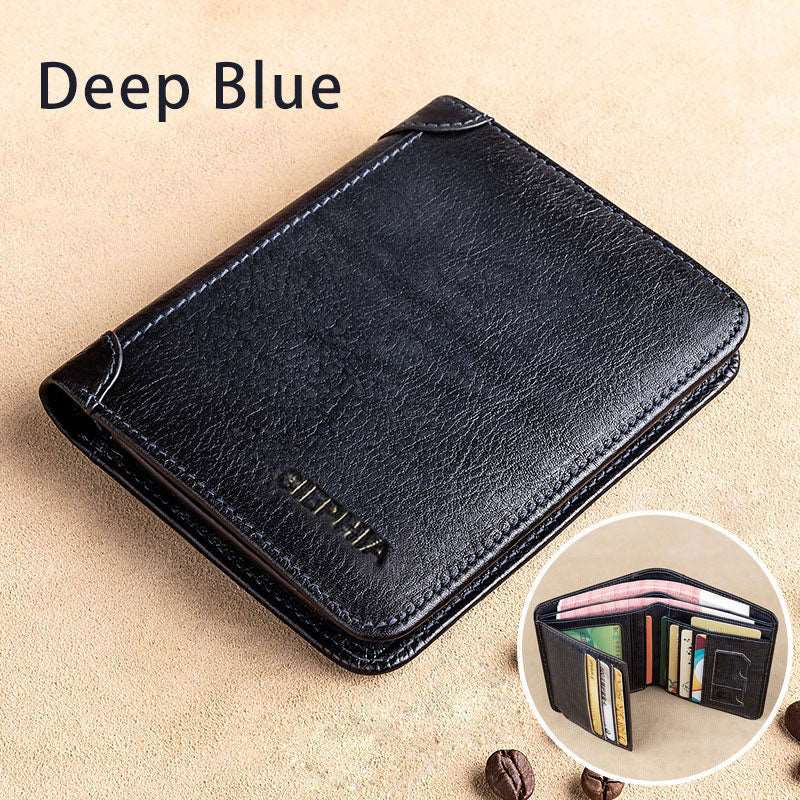 Genuine Leather Rfid Protection Wallets for Men Vintage Thin Short Multi Function ID Credit Card Holder Money Bag deep blue China