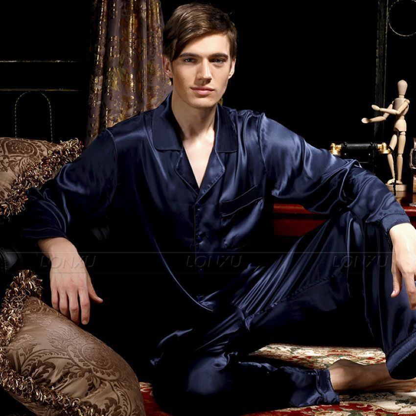 Mens Pajamas Set Set V-Neck Design Luxury Solid Color Sleepwear Silk Like Home Clothes XXXXL Large Size Nightwear Navy Blue