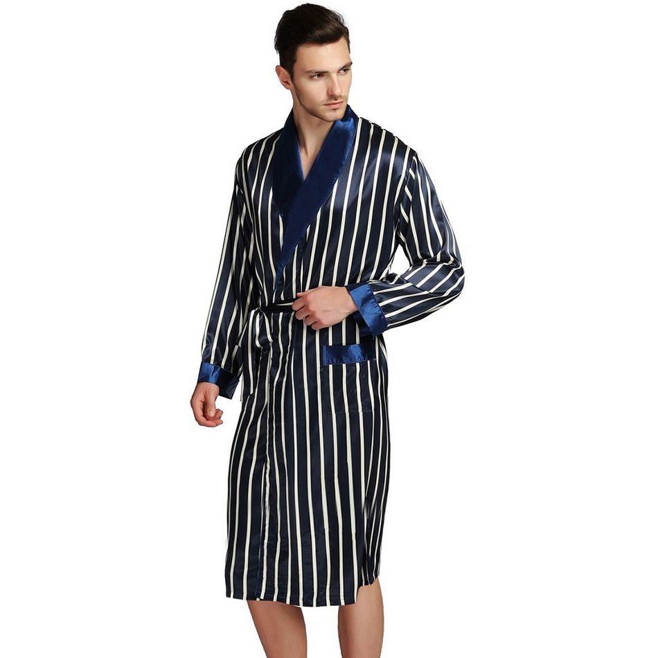 hiddengem Mens Silk Satin Pajamas Pajama Pyjamas PJS Sleepwear Robe Robes Nightgown Robes S M L XL 2XL 3XL Plus Beige Blue Striped Navy Blue