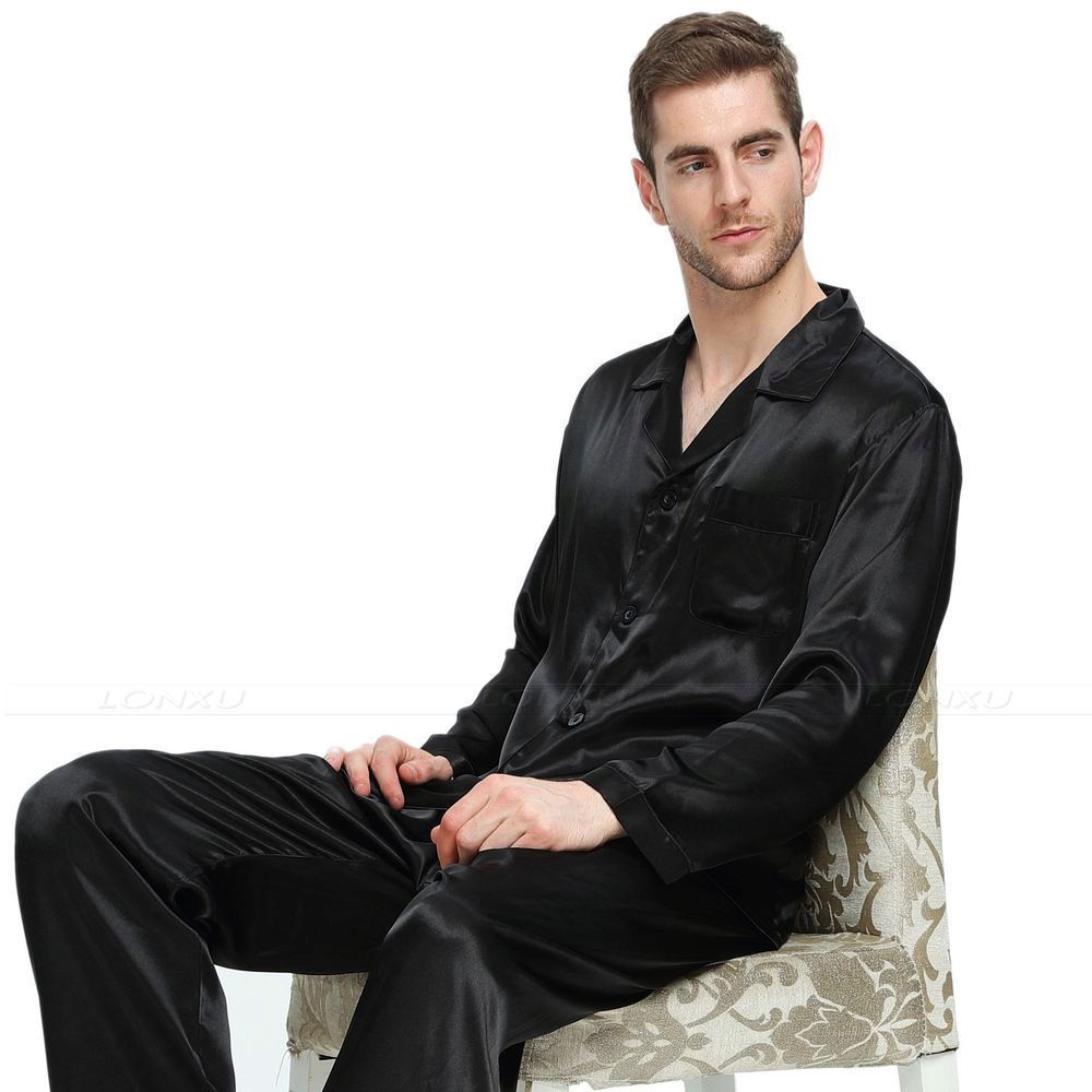 Mens Pajamas Set Set V-Neck Design Luxury Solid Color Sleepwear Silk Like Home Clothes XXXXL Large Size Nightwear Black