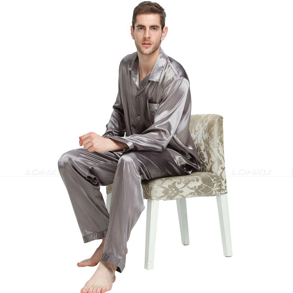 Mens Pajamas Set Set V-Neck Design Luxury Solid Color Sleepwear Silk Like Home Clothes XXXXL Large Size Nightwear Gray