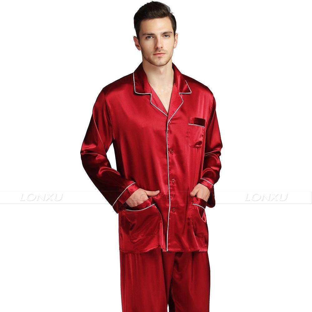 hiddengem Mens Silk Satin Pajamas Pyjamas Set Sleepwear Set Loungewear U.S. S,M,L,XL,XXL,XXXL,4XL__Fits All Seasons Wine Red