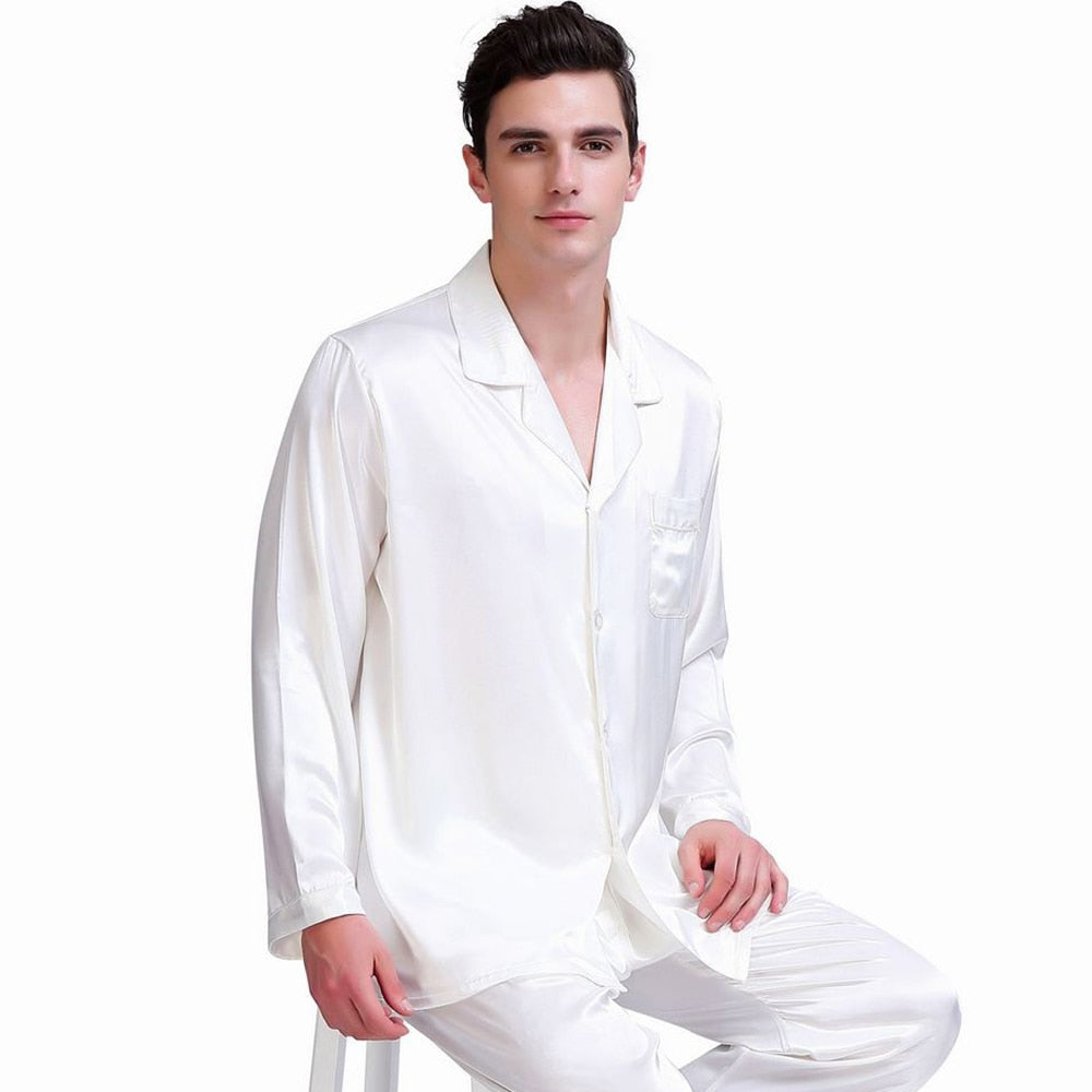 Mens Pajamas Set Set V-Neck Design Luxury Solid Color Sleepwear Silk Like Home Clothes XXXXL Large Size Nightwear White