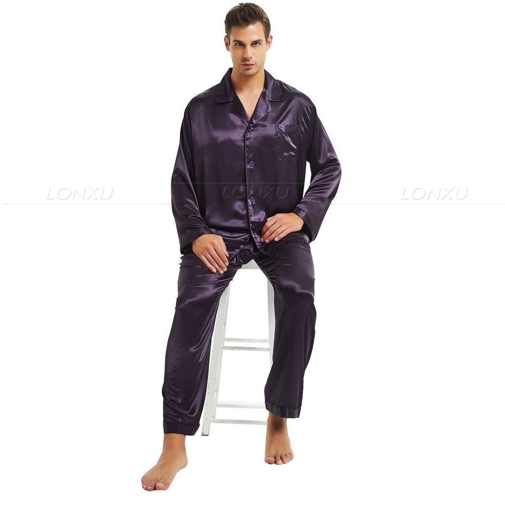 Mens Pajamas Set Set V-Neck Design Luxury Solid Color Sleepwear Silk Like Home Clothes XXXXL Large Size Nightwear Purple