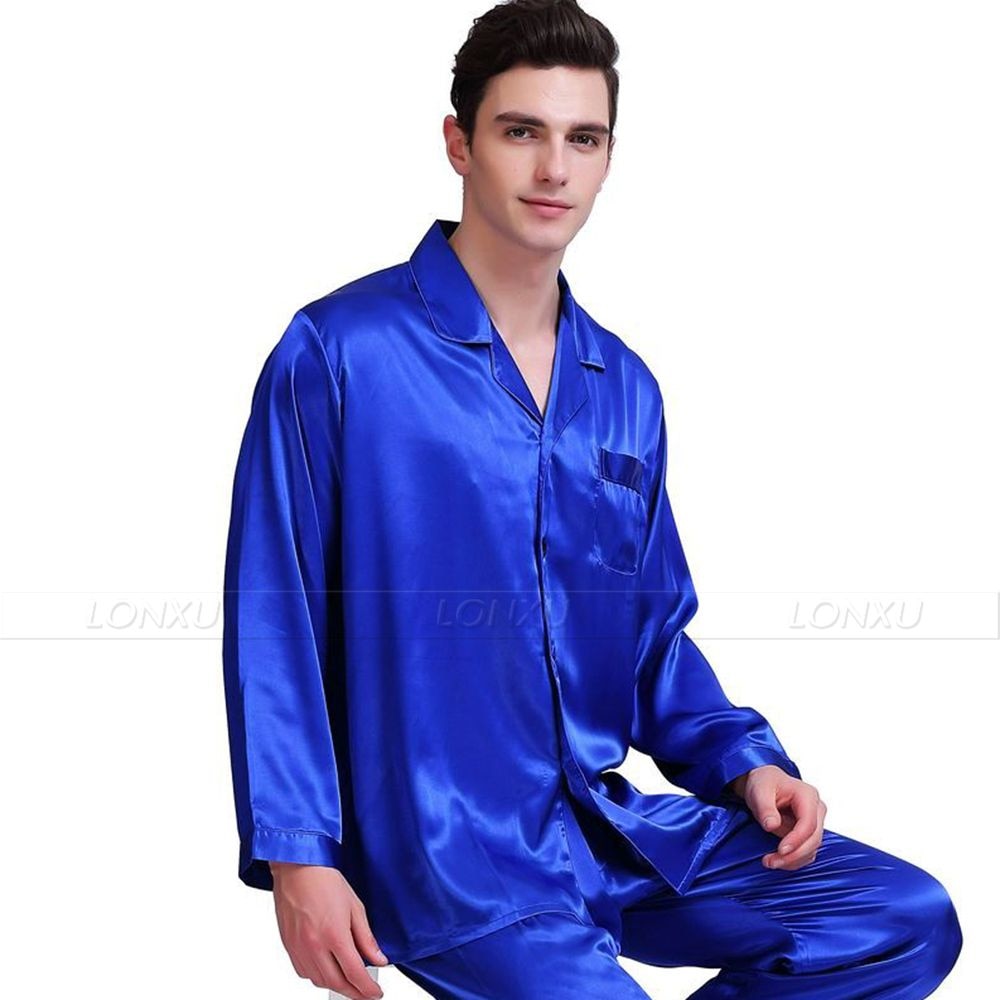 Mens Pajamas Set Set V-Neck Design Luxury Solid Color Sleepwear Silk Like Home Clothes XXXXL Large Size Nightwear Royal Blue