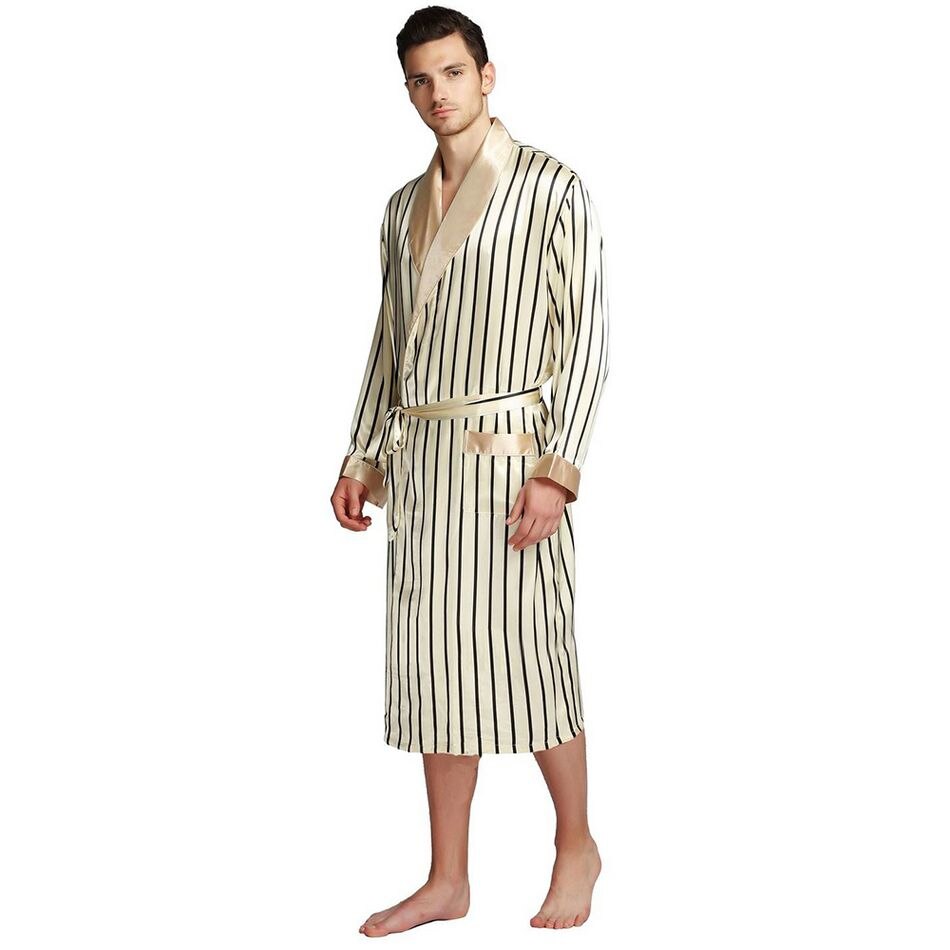 hiddengem Mens Silk Satin Pajamas Pajama Pyjamas PJS Sleepwear Robe Robes Nightgown Robes S M L XL 2XL 3XL Plus Beige Blue Striped Beige