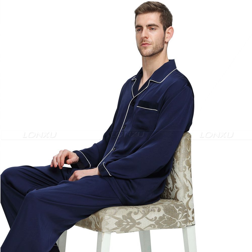 hiddengem Mens Silk Satin Pajamas Pyjamas Set Sleepwear Set Loungewear U.S. S,M,L,XL,XXL,XXXL,4XL__Fits All Seasons Navy Blue