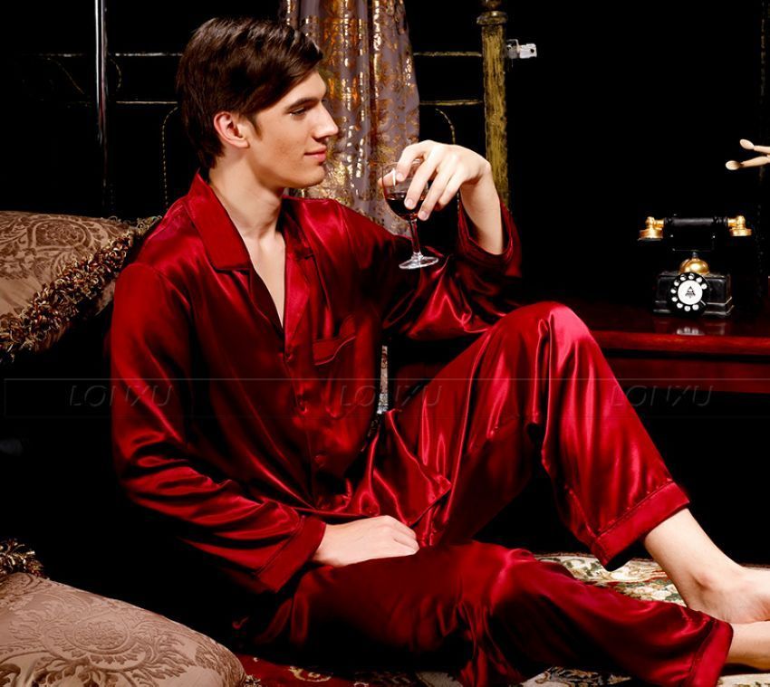 Mens Pajamas Set Set V-Neck Design Luxury Solid Color Sleepwear Silk Like Home Clothes XXXXL Large Size Nightwear Wine Red