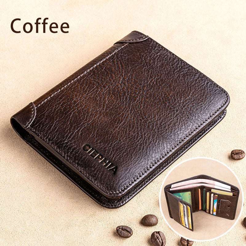 Genuine Leather Rfid Protection Wallets for Men Vintage Thin Short Multi Function ID Credit Card Holder Money Bag Coffee-1 China