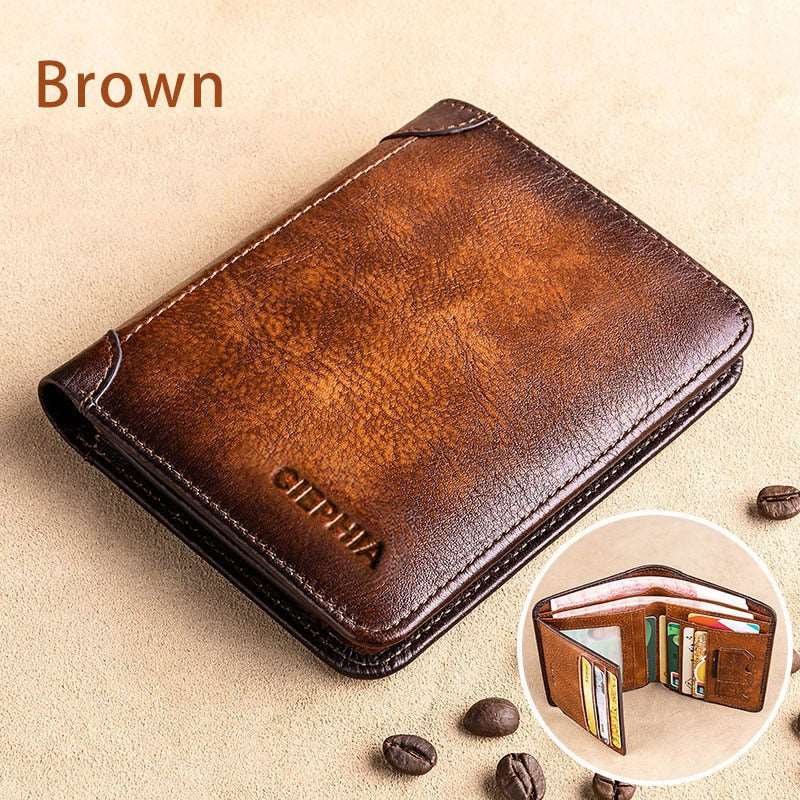 Genuine Leather Rfid Protection Wallets for Men Vintage Thin Short Multi Function ID Credit Card Holder Money Bag Brown China