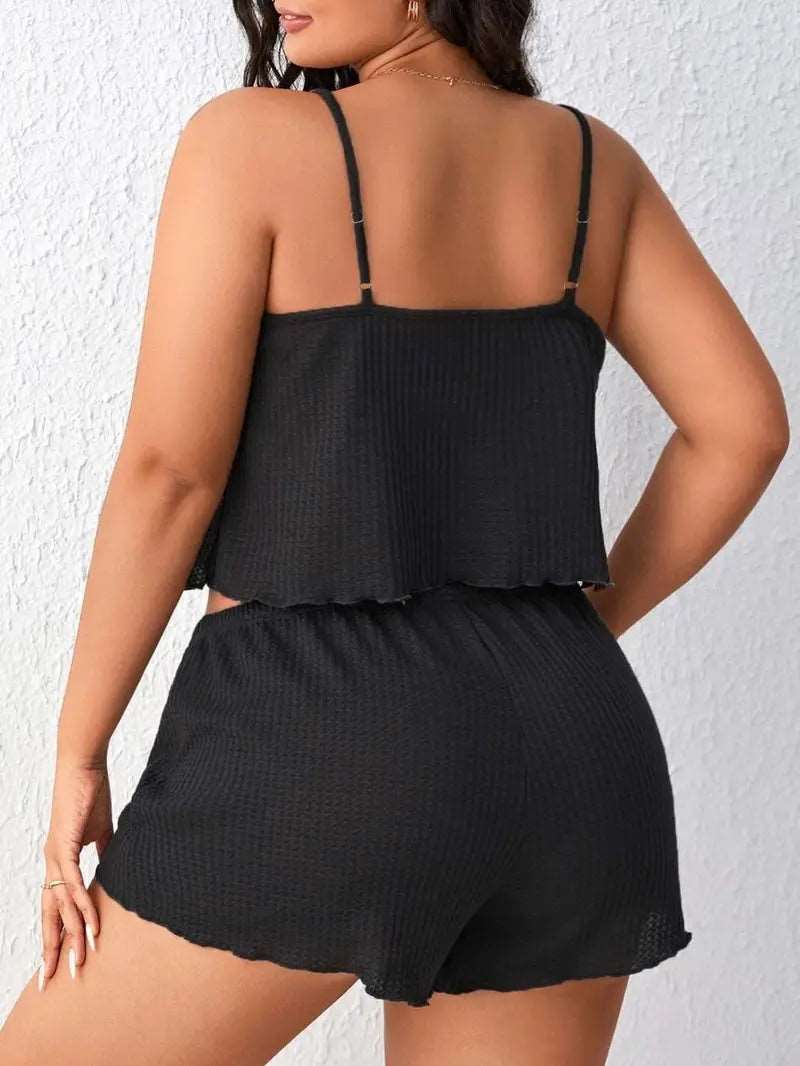 Hidden gem Look & Feel Comfortable: Plus Size Women's Waffle Knit Loungewear Set with Lettuce Trim Cami & Drawstring Shorts