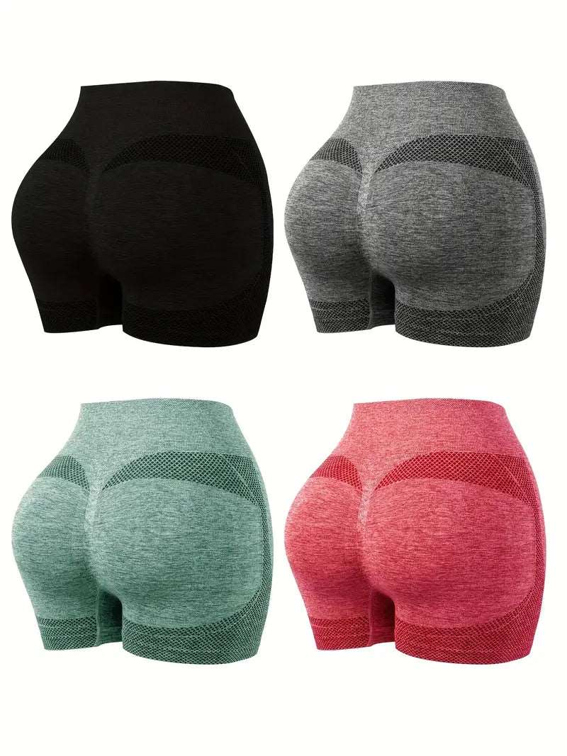 Solid Butt Lifting Shorts 4 Pack, Casual Workout Slim High Waist Summer Shorts, Women's Clothing