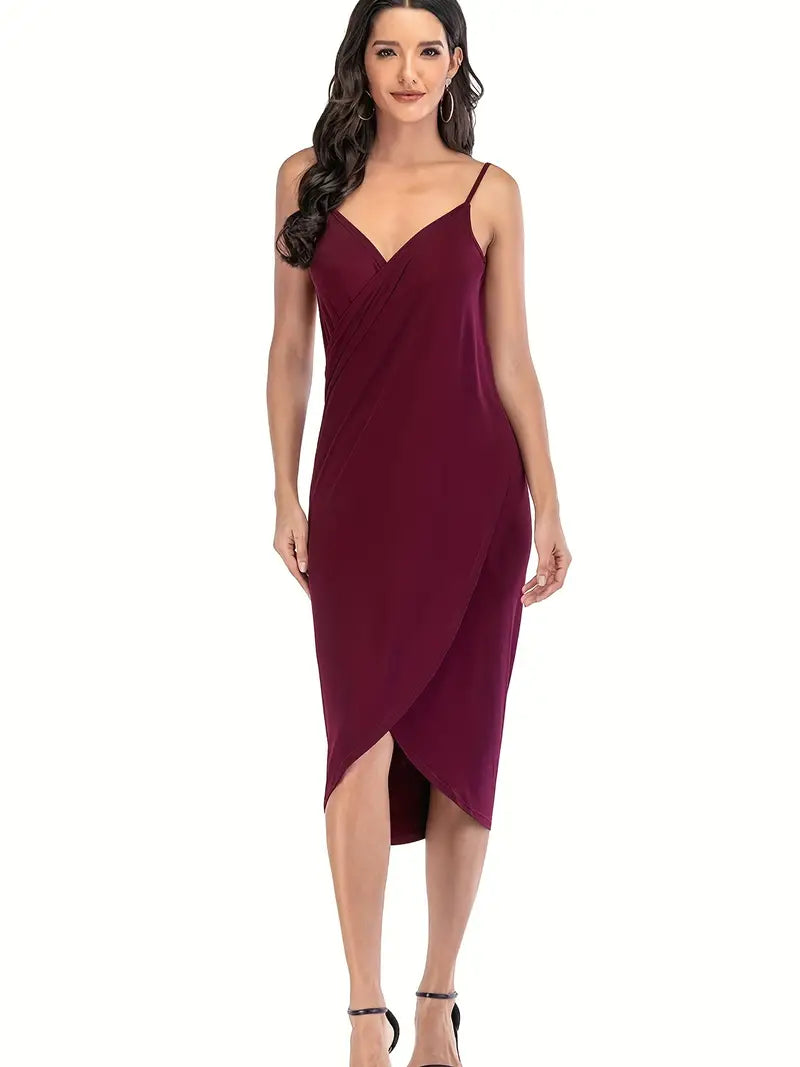 hiddengemboutique Women's V-Neck Spaghetti Strap Beach Dress - Loose Fit, High-Stretch & Stylish Swimwear Cover Up Burgundy