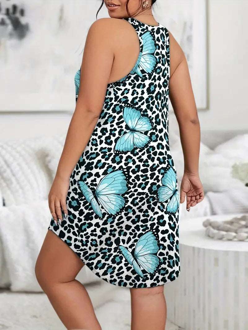 Hiddengemboutique Women's Plus Size Leopard & Butterfly Print Racer Back Tank Sleep Dress - Perfect for Casual Nights