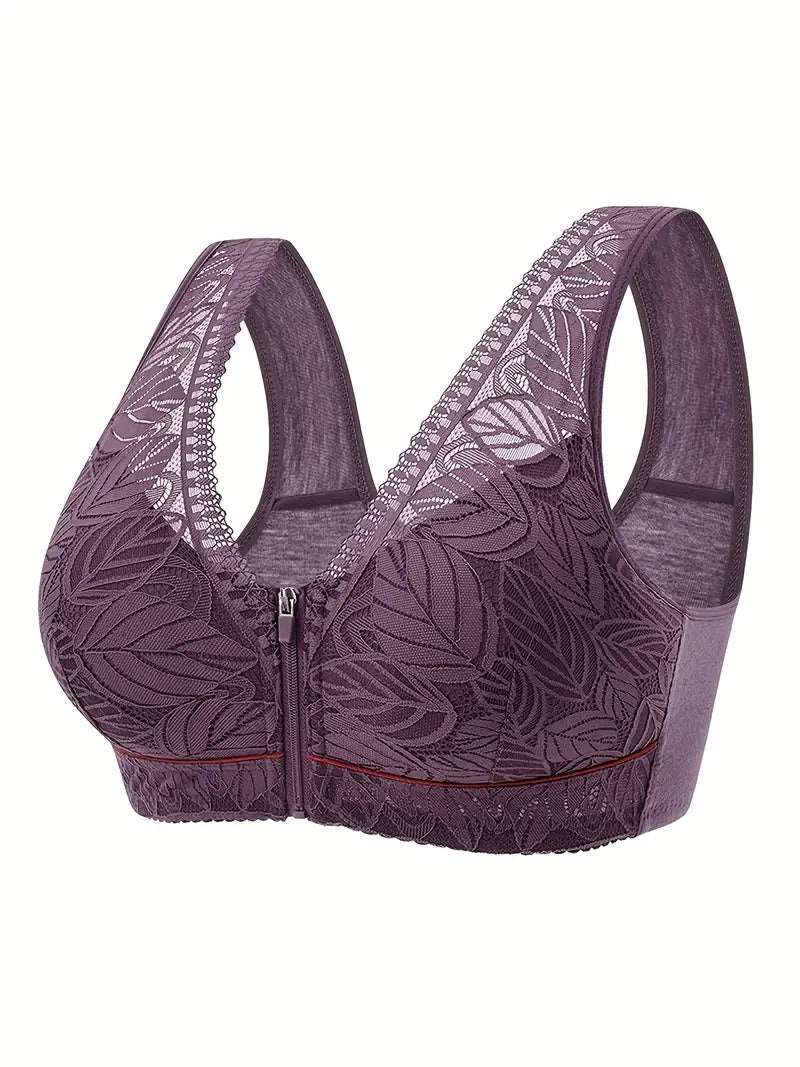 3 Pack Plus Size Elegant Bras Set, Women's Plus Leaf Jacquard Lace Zipper Wide Strap Wireless Tank Bras Three Piece Set