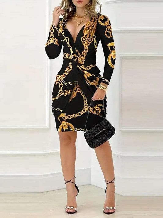 Hiddengem Chain Print Long Sleeve Dress, V Neck Random Print Casual Dress, Women's Clothing