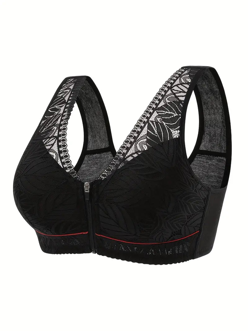 3 Pack Plus Size Elegant Bras Set, Women's Plus Leaf Jacquard Lace Zipper Wide Strap Wireless Tank Bras Three Piece Set